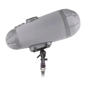 Rycote Stereo Cyclone Windshield Kit closed with its cover on, standing upright on its mount and seen from the side.