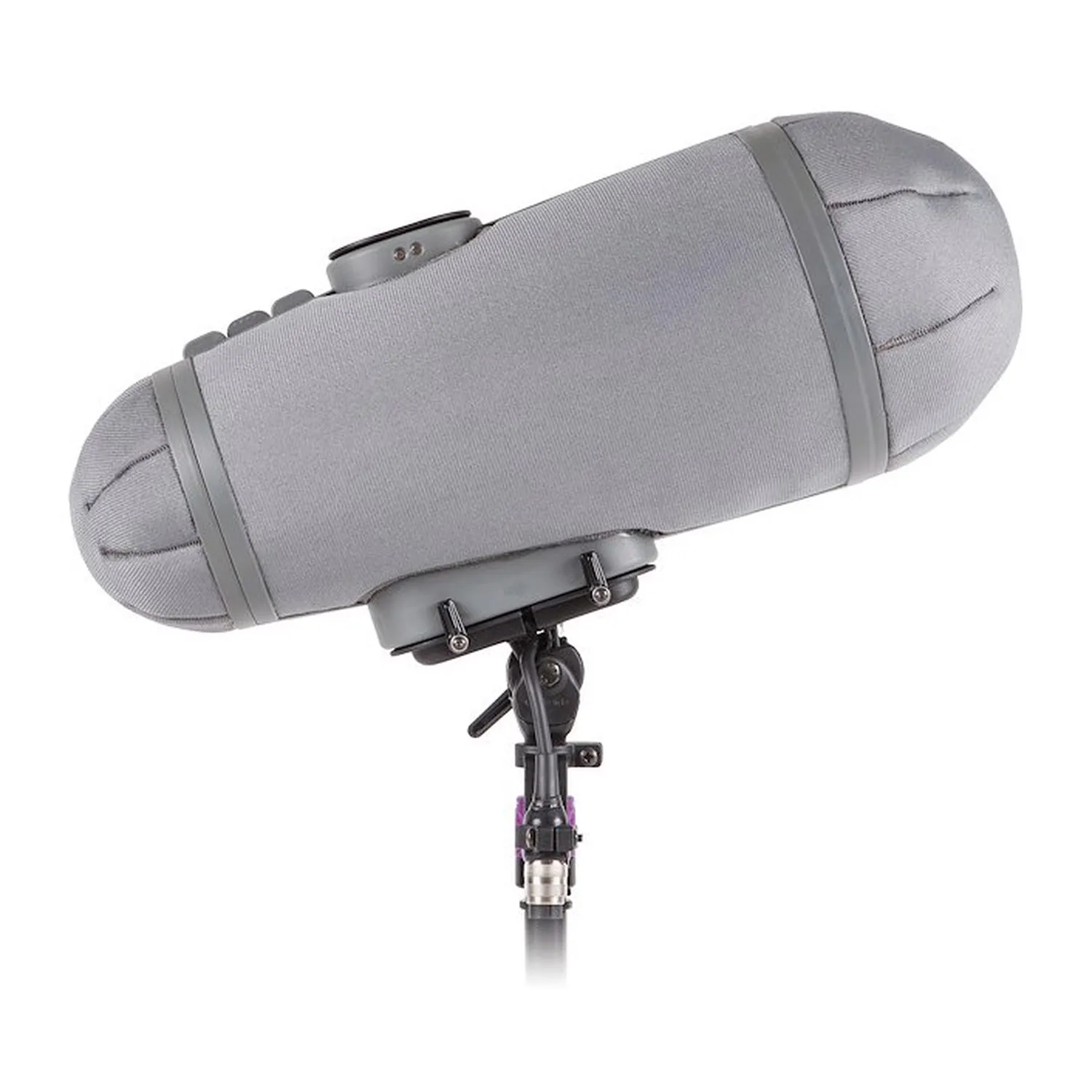 Rycote Stereo Cyclone Windshield Kit closed with its cover on, standing upright on its mount and seen from the side.