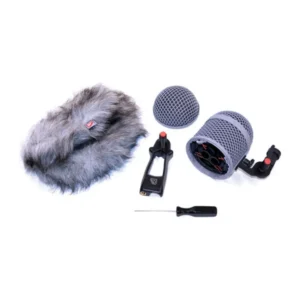 Rycote Modular Windshield WS 9 Kit: Kit contents laid out: Windjammer, basket, suspension, and pistol grip.