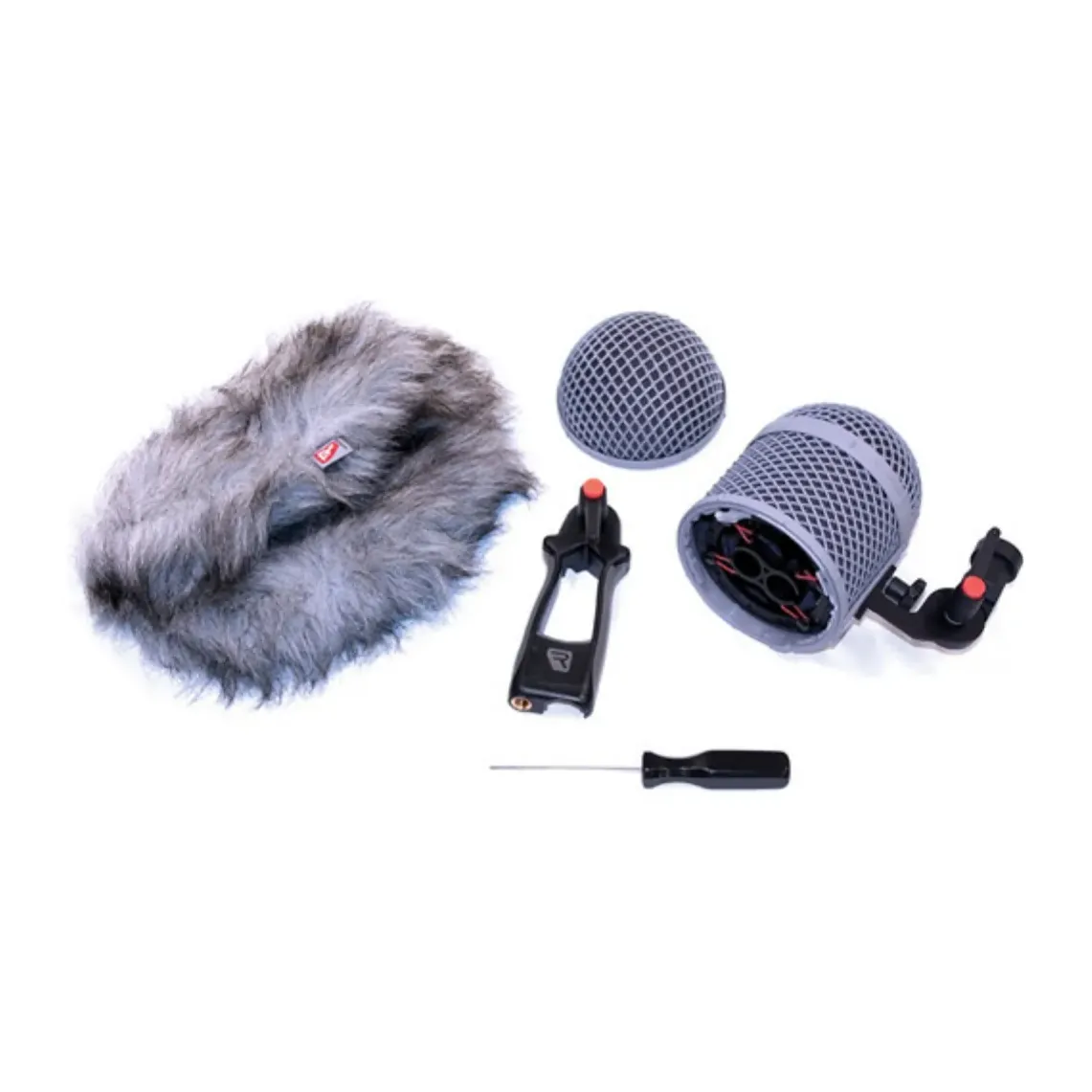 Rycote Modular Windshield WS 9 Kit: Kit contents laid out: Windjammer, basket, suspension, and pistol grip.