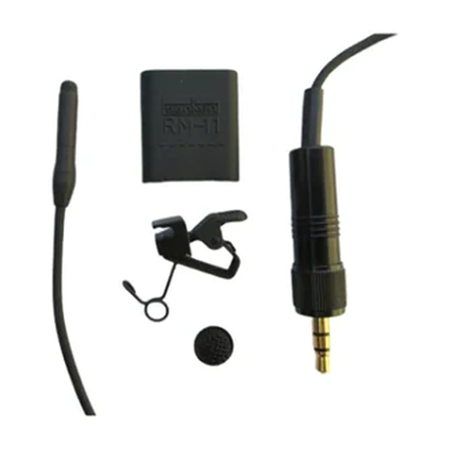Sanken COS-11D Lavalier Microphone for Wireless Transmitters: The black mic laid out with its rubber mount, holder clip, and windscreen, and its cable ending in the gold locking 3.5 mm plug.