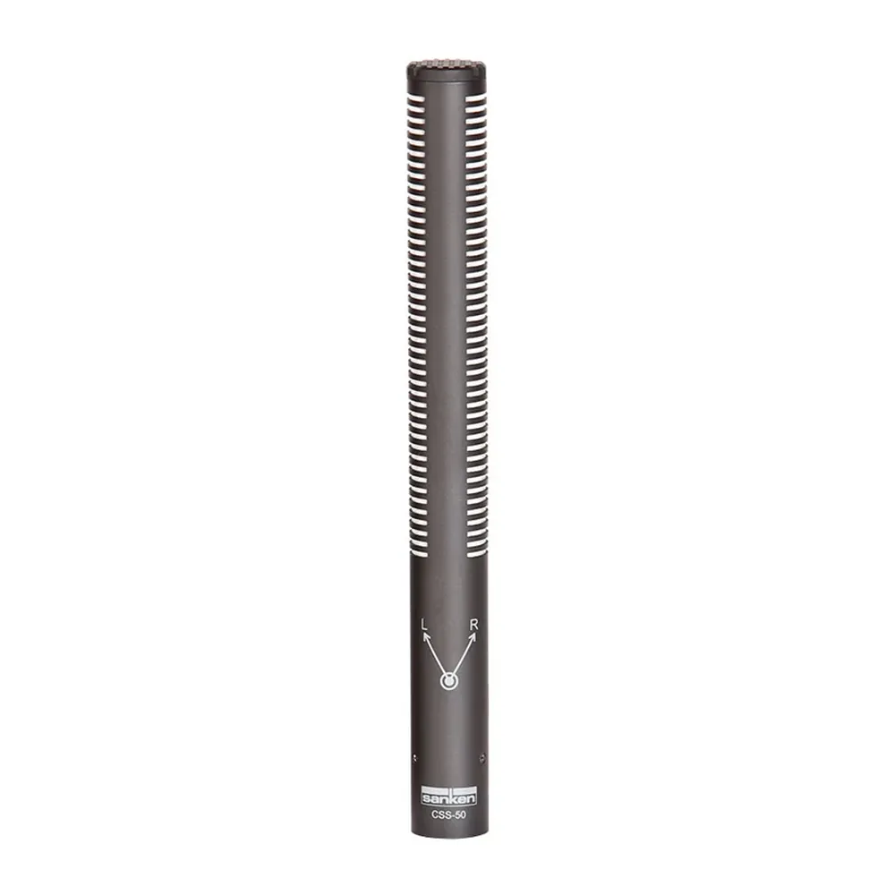Sanken CSS-50 Three-Mode Stereo Shotgun Microphone: The mic standing upright, its XLR end down.