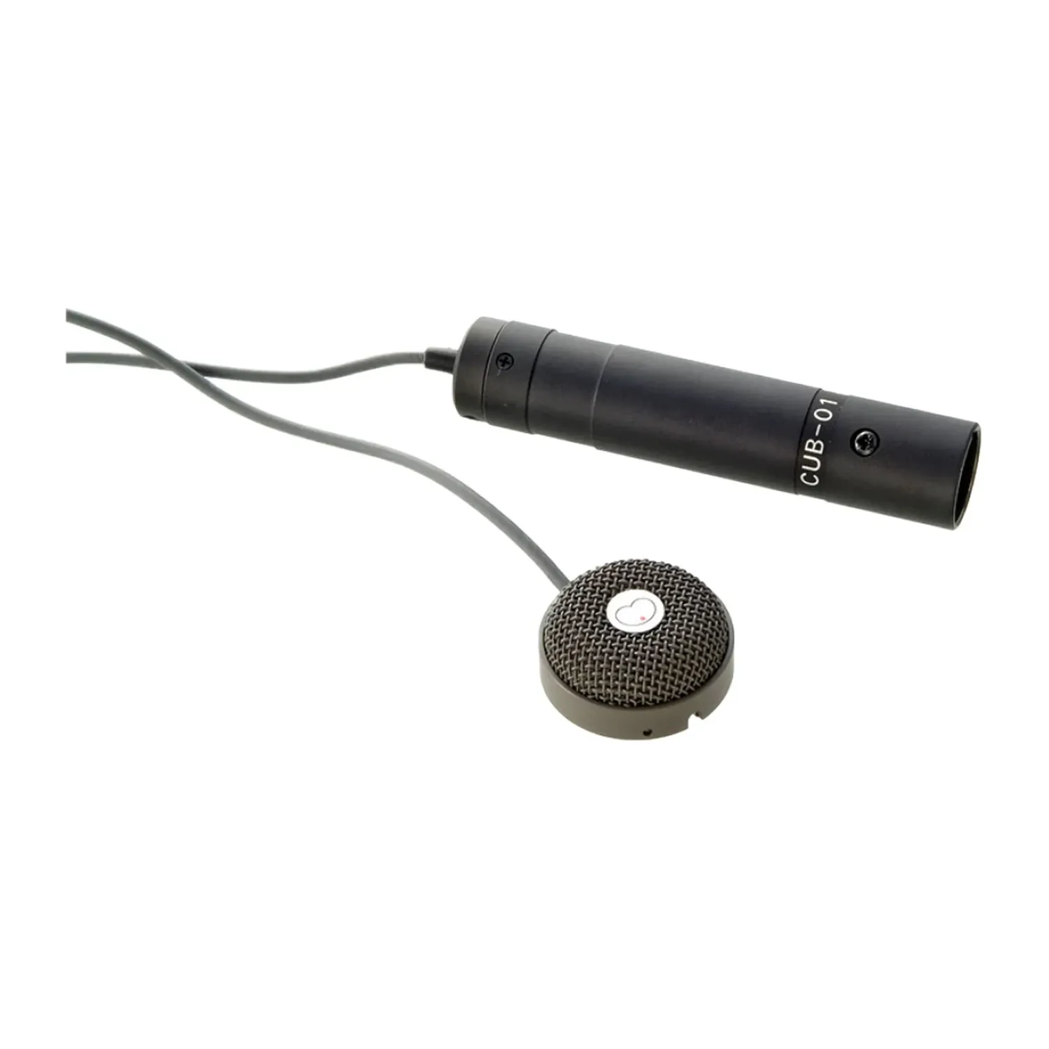 Sanken CUB-01 Cardioid Miniature Boundary Microphone (Gray): The gray boundary mic on its cable with the phantom power interface and XLR connector.