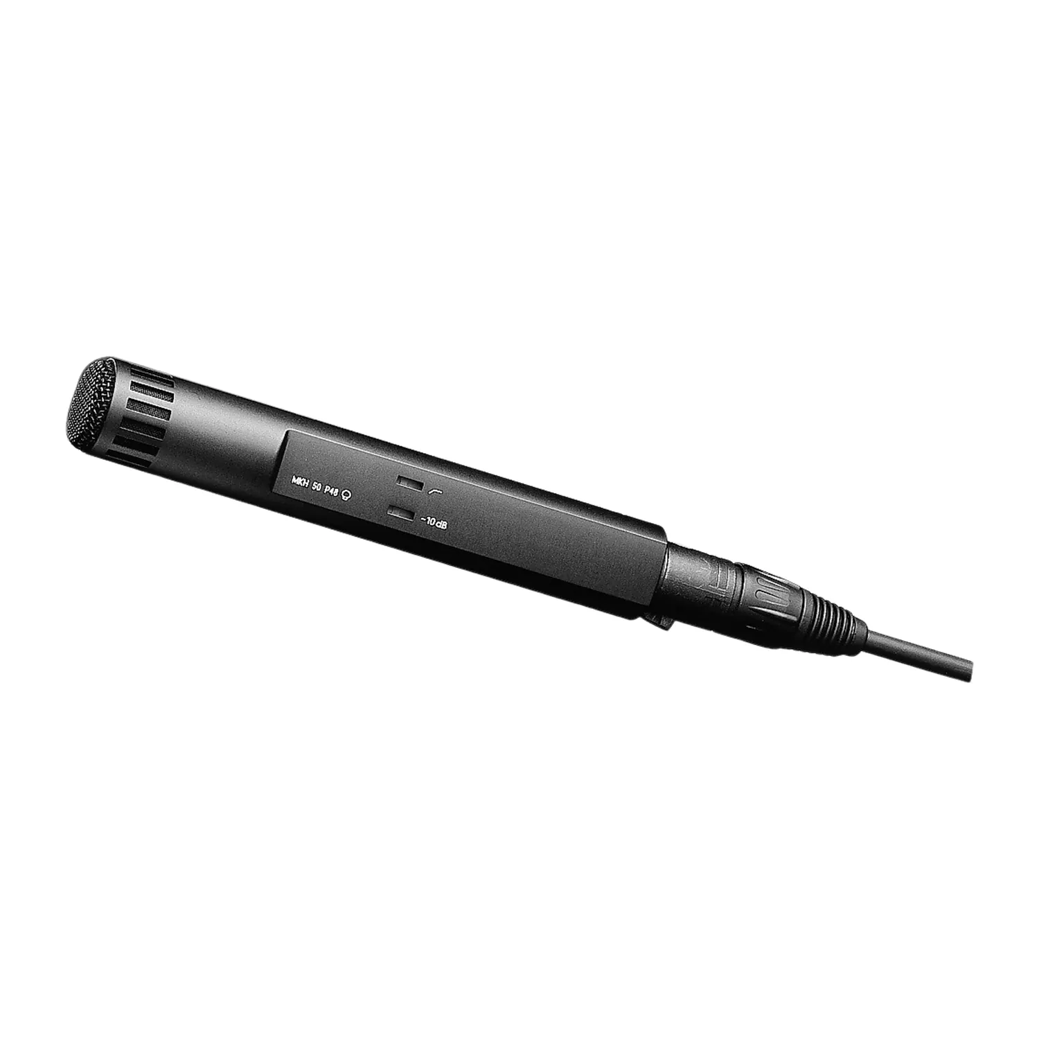 Sennheiser MKH 50 P48 Condenser Microphone: The MKH 50 P48 lying at an angle, its switch panel showing the roll-off and -10 dB switches.