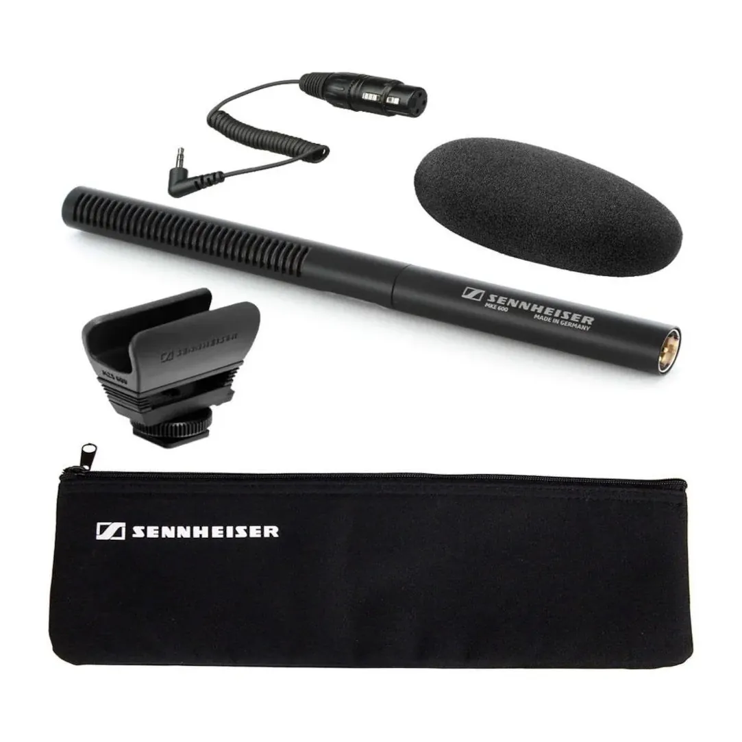 Sennheiser MKE 600 Shotgun Microphone: The MKE 600 with its shock mount, windscreen, cable, and pouch.