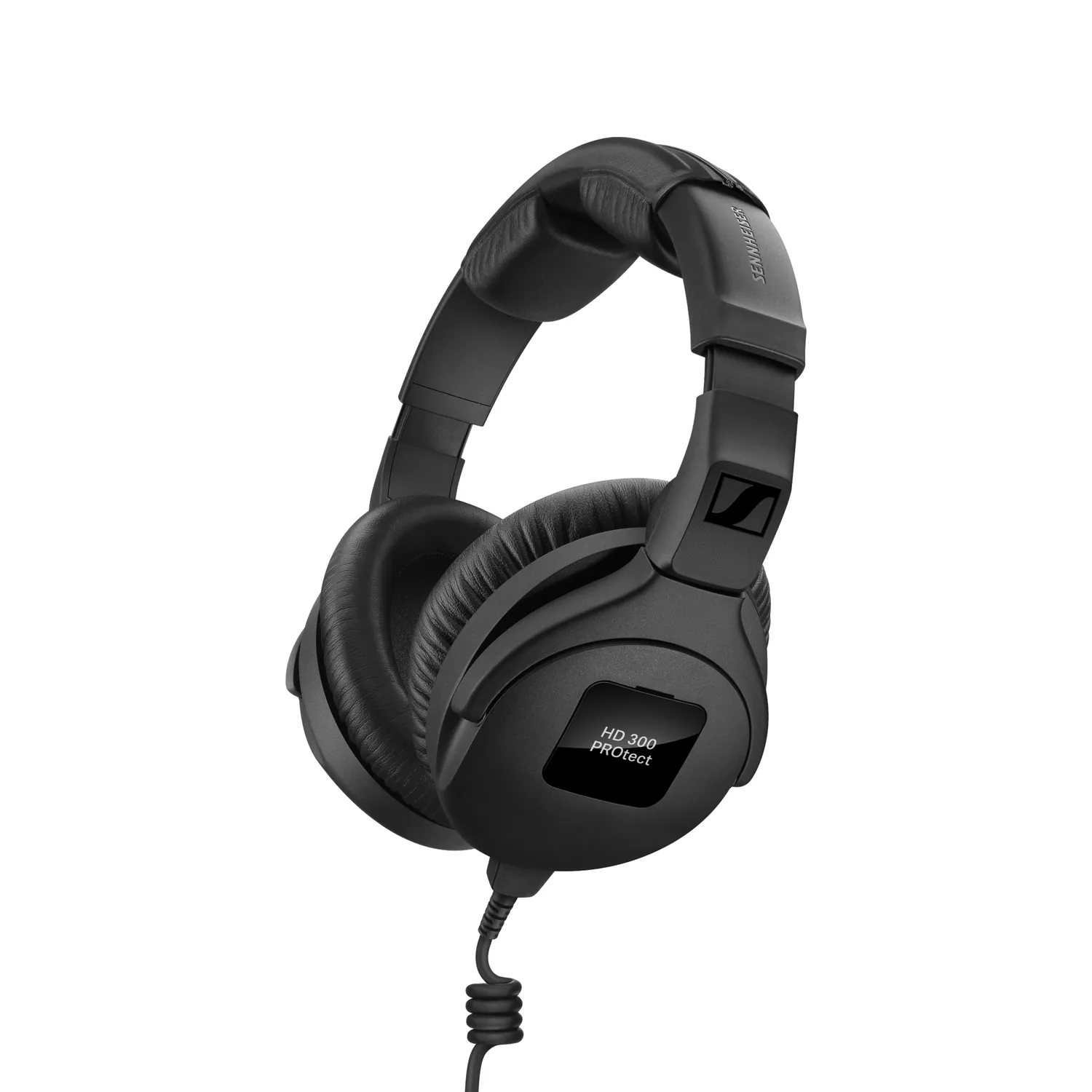Sennheiser HD 300 PROtect Monitoring Headphones with ActiveGard: The HD 300 PROtect at an angle, with its coiled cable.