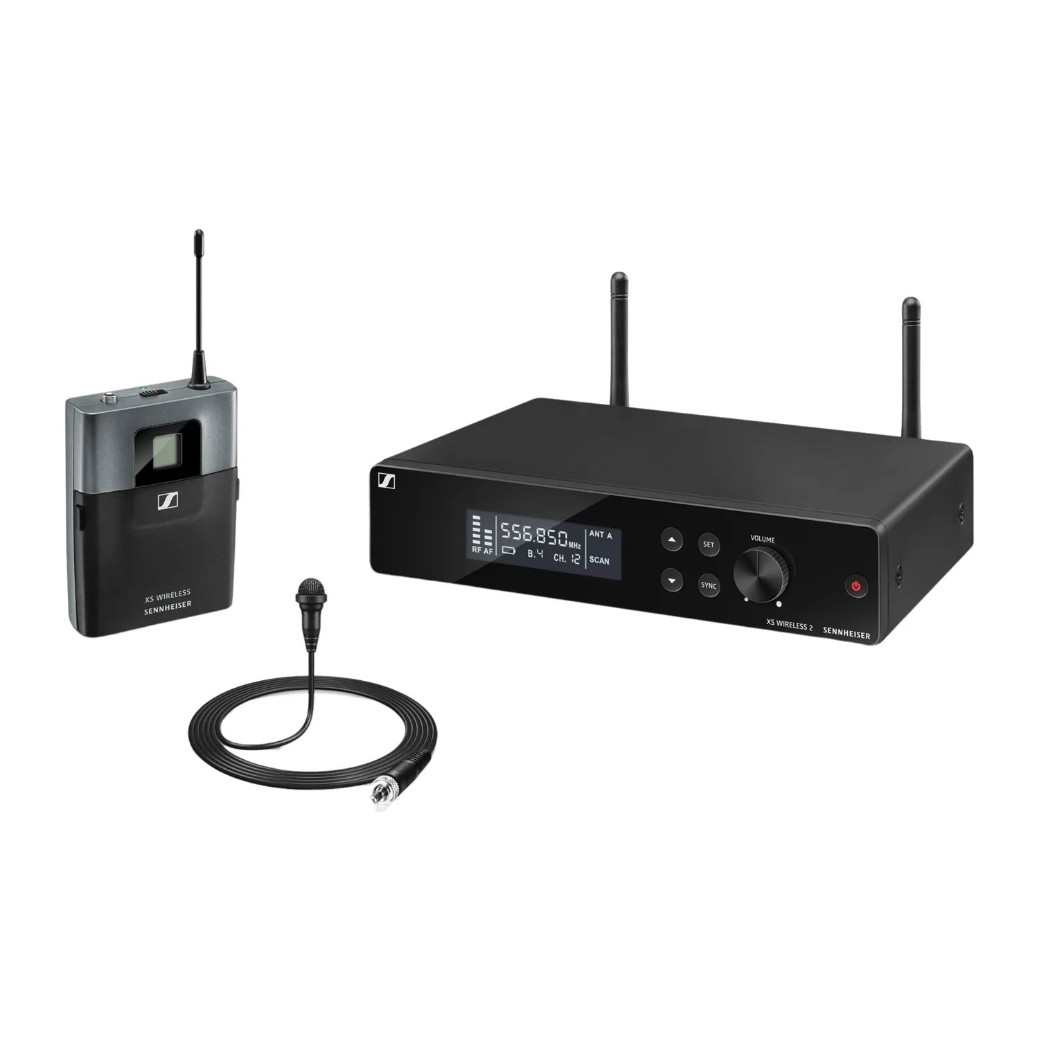 Sennheiser XSW 2-ME2 Wireless Lavalier Set (548-572 MHz): The EM-XSW 2 receiver, the SK-XSW bodypack, and the ME 2 lavalier.
