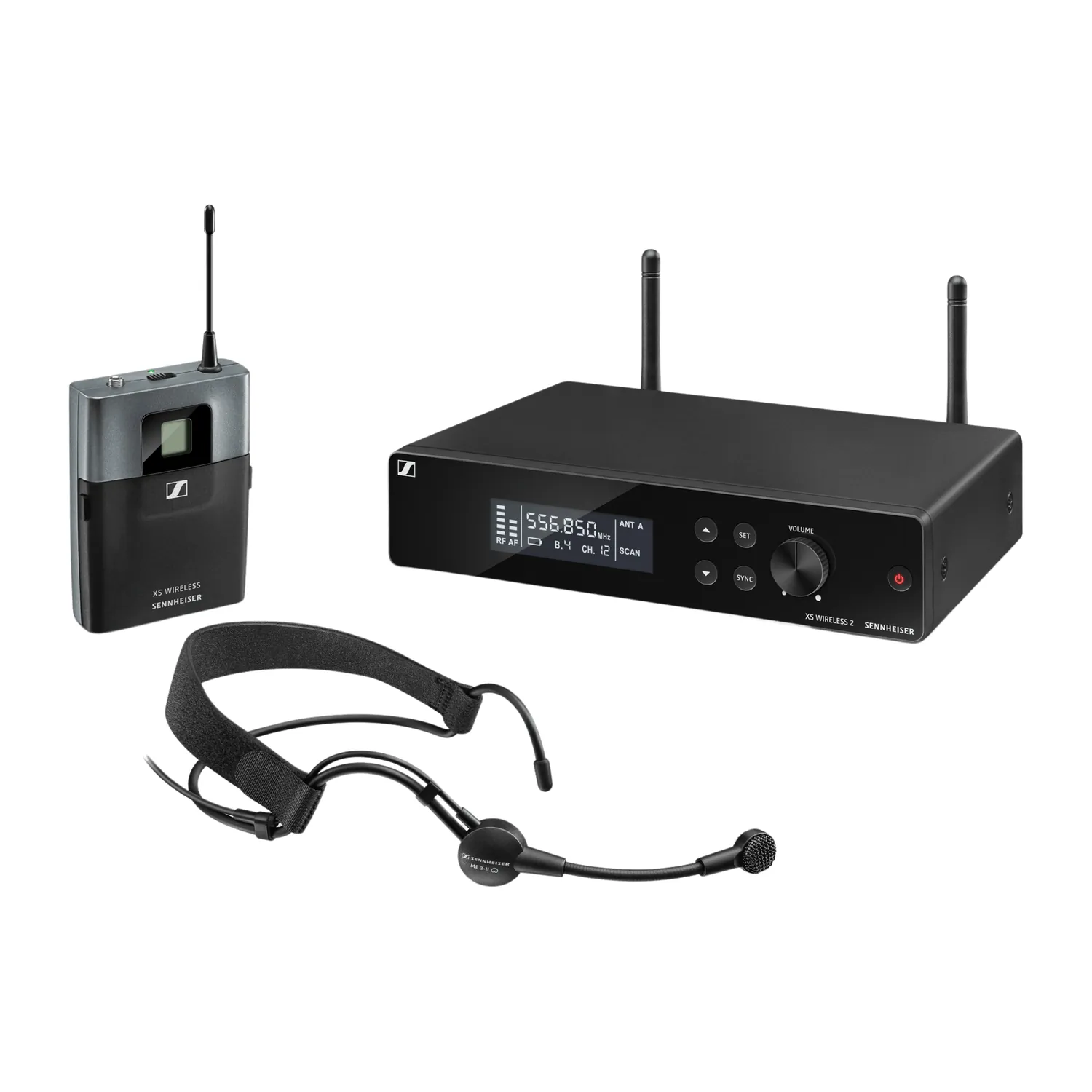 Sennheiser XSW 2-ME3 Wireless Headmic Set (548-572 MHz): The EM-XSW 2 receiver, the SK-XSW bodypack, and the ME 3 headset.