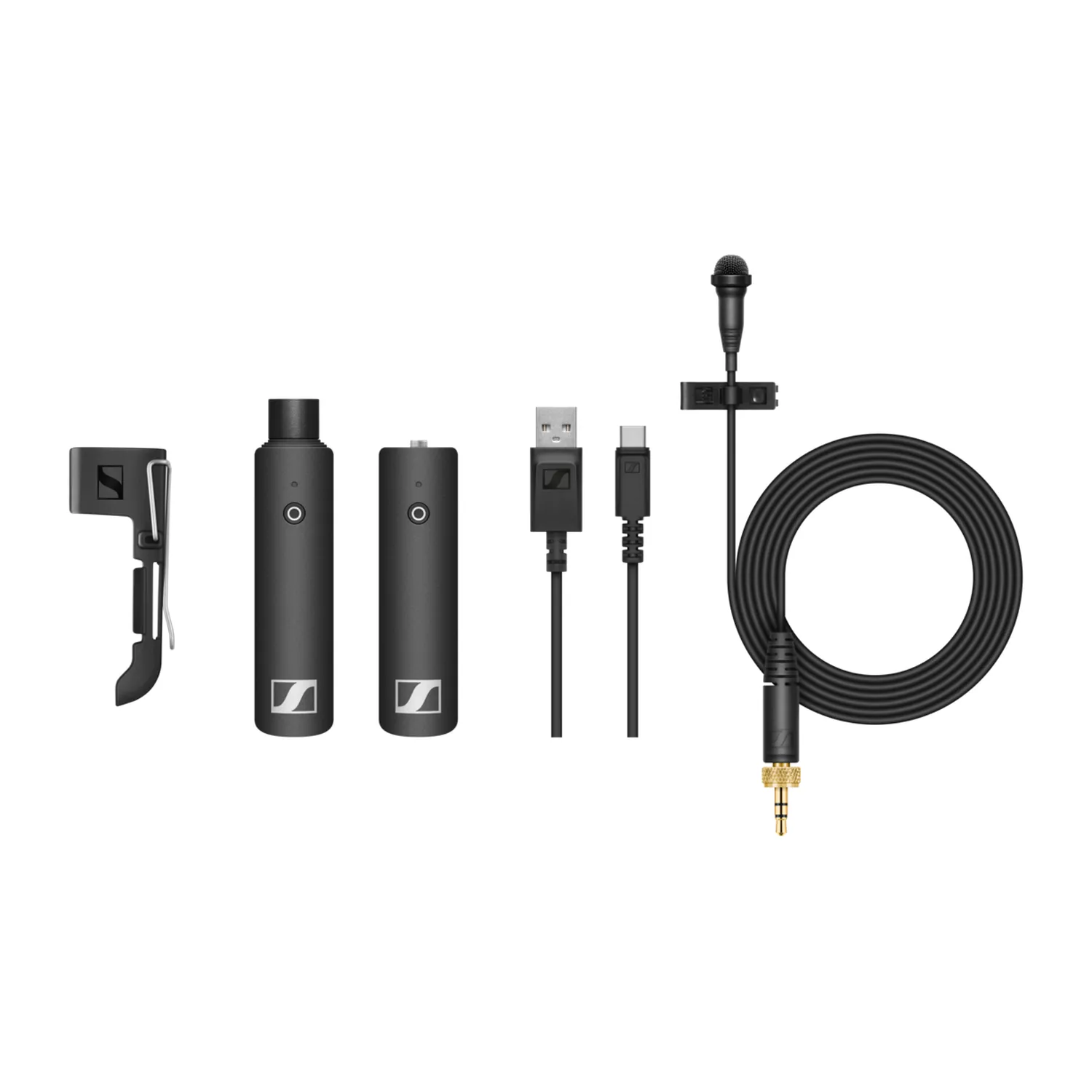 Sennheiser XSW-D Lavalier Set: The XSW-D transmitter, XLR receiver, ME 2-II lavalier, belt clip, and USB cable.