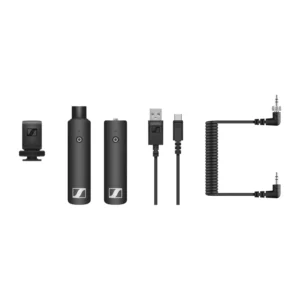 Sennheiser XSW-D Portable Interview Set: The XSW-D Portable Interview Set laid out: XLR transmitter, receiver, cold shoe mount, coiled cable, and USB cable.