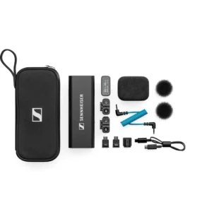 Sennheiser Profile Wireless 2-Channel Set, set's contents laid out: the pouch, charging bar, receiver, two clip-on mics, windscreens, and cables.