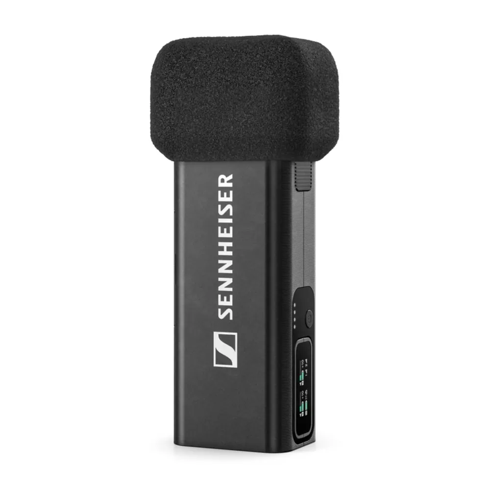 Sennheiser Profile Wireless 2-Channel Set, charging bar standing upright with its foam windscreen as a handheld mic.