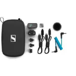 Sennheiser Profile Wireless 1-Channel Set, set's contents laid out: the pouch, receiver, clip-on mic, windscreen, adapters, and cables.