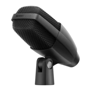 Sennheiser MD 421 Kompakt Dynamic Microphone: The MD 421 Kompakt on its clip, from the front at an angle.