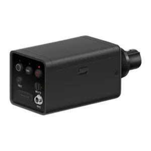 Sennheiser EW-DP SKP Plug-On Transmitter: The EW-DP SKP at an angle, showing its display and controls.