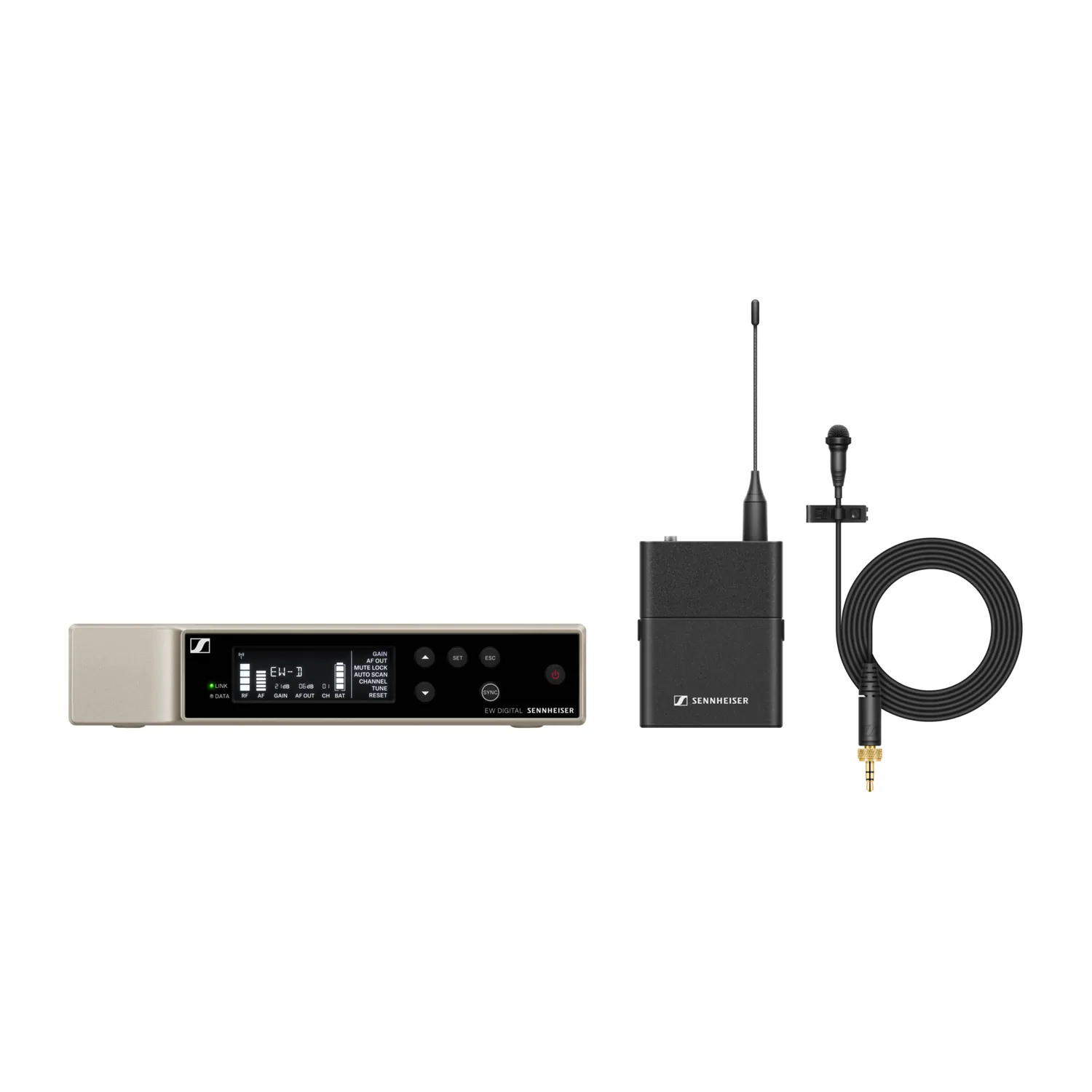 Sennheiser EW-D ME2 SET Digital Wireless Lavalier Set: The EW-D EM receiver, the EW-D SK bodypack, and the ME 2 lavalier.