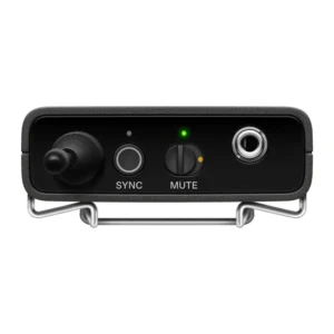 Sennheiser EW-D SK Digital Bodypack Transmitter: The top panel of the EW-D SK, with its sync button, mute switch, and input jack.