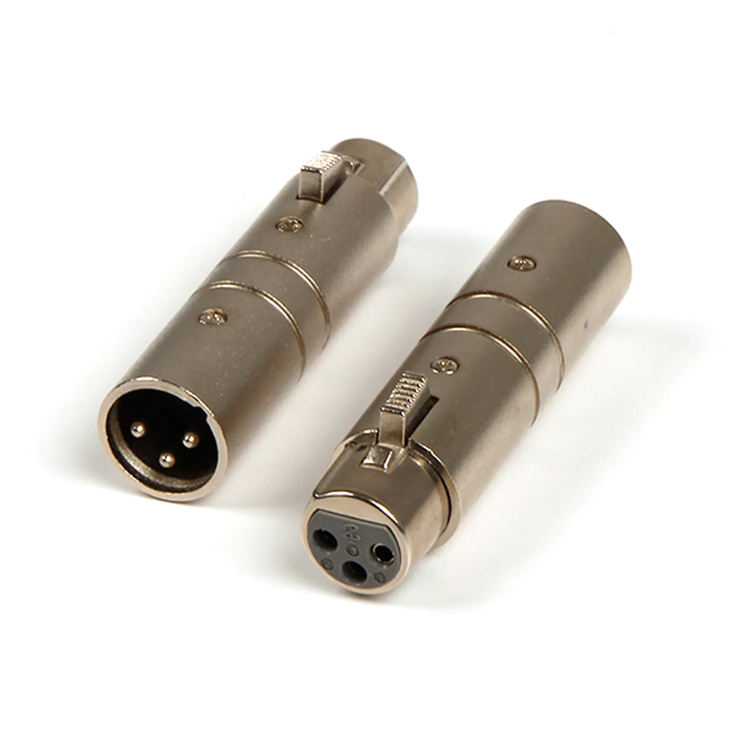 Remote Audio APP37 XLR3F to XLR3M Adapter: The adapter's XLR3F and XLR3M ends.