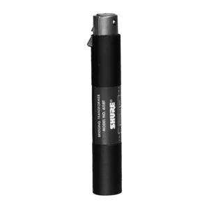 Shure A15BT Bridging Transformer: The black A15BT in-line barrel standing upright, with the Shure label on its side.