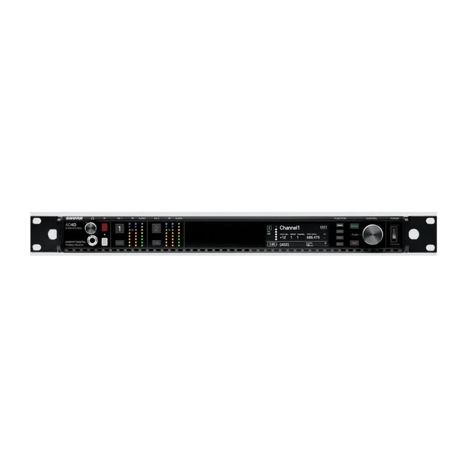 Shure AD4D-DC Axient Digital Two-Channel Wireless Receiver: The AD4D-DC front panel, with its two channel displays.