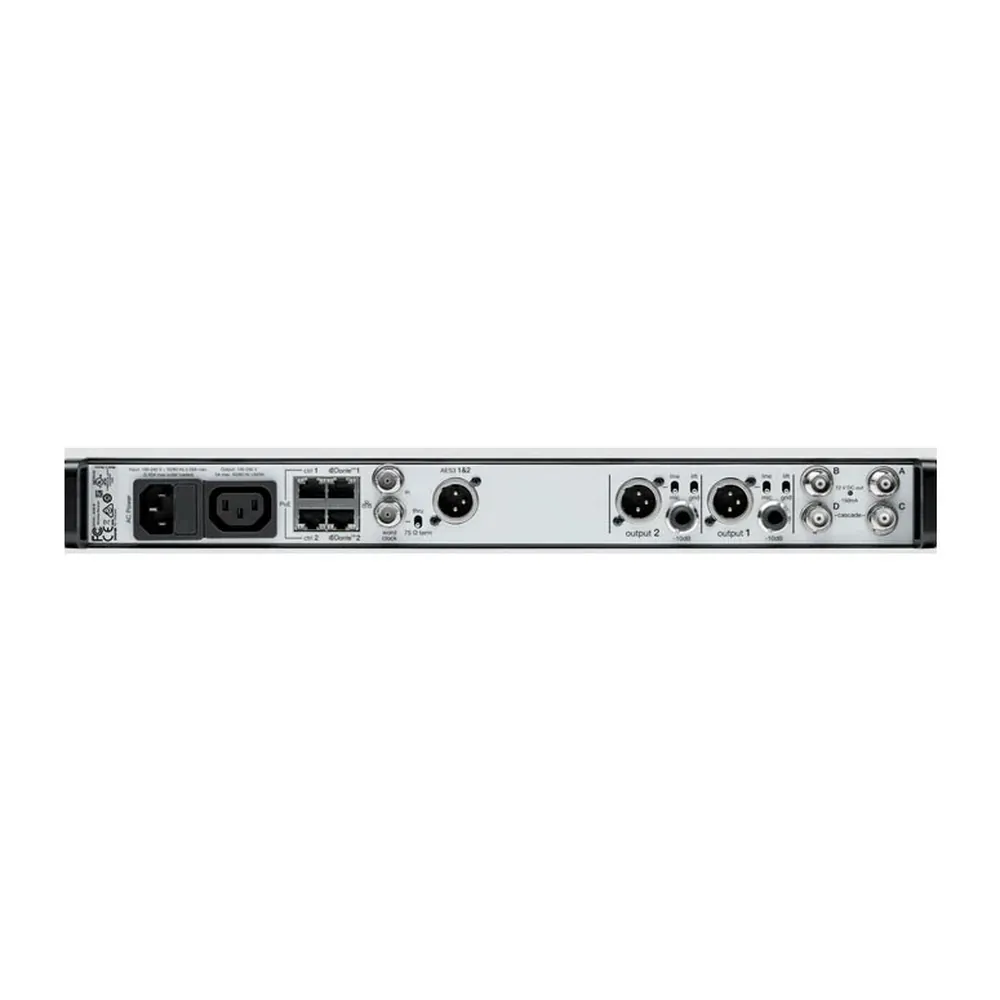 Shure AD4D-DC Axient Digital Two-Channel Wireless Receiver: The AD4D-DC rear panel, with its outputs, Ethernet ports, and power inputs.