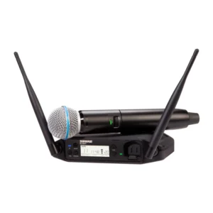 Shure GLXD24+/B58 Dual-Band Digital Wireless Handheld System: The Beta 58A handheld resting on the GLXD4+ tabletop receiver.
