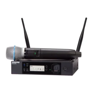 Shure GLXD24R+/B87A Dual-Band Digital Wireless Handheld System: The Beta 87A handheld on top of the GLXD4R+ half-rack receiver.