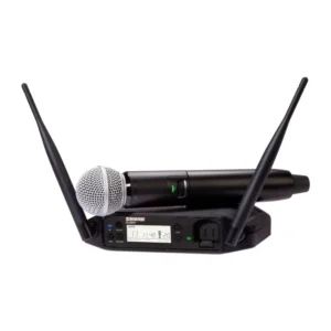 Shure GLXD24+/SM58 Dual-Band Digital Wireless Handheld System: The SM58 handheld resting on the GLXD4+ tabletop receiver.