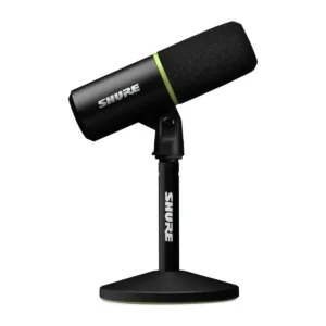Shure MV6 USB-C Microphone: The MV6 on its round desktop stand.