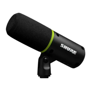 Shure MV6 USB-C Microphone: The MV6 in its mount with the foam windscreen fitted.