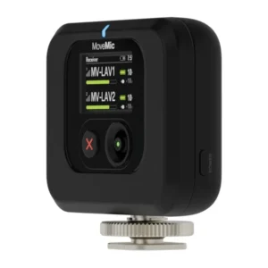 Shure MoveMic Receiver for Cameras and Phones: The MoveMic Receiver from the front, with its display and cold shoe.