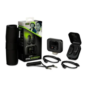 Shure MoveMic Two Receiver Kit: The retail box with the roll bag, the receiver, the open charge case with two mics, and the cables.