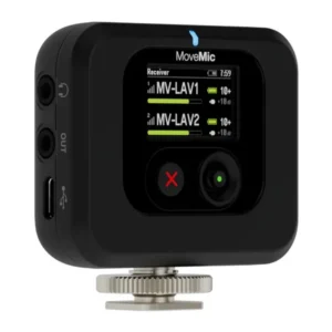Shure MoveMic Two Receiver Kit: The MoveMic Receiver at an angle, with its display.