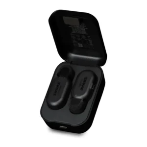 Shure MoveMic Two Wireless Lavalier Microphones with Charge Case: The charge case open, with both MoveMic lavaliers docked.