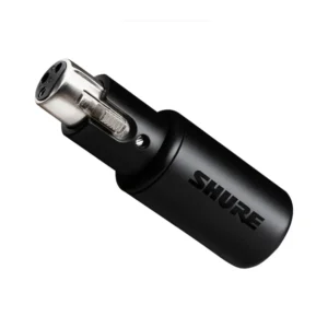 Shure MVX2U Digital Audio Interface: The MVX2U at an angle, its XLR input end up.
