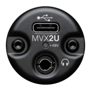 Shure MVX2U Digital Audio Interface: The MVX2U's end panel, with its USB-C port, phantom power LED, and 3.5 mm headphone jack.