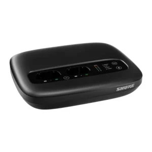 Shure MXWAPXD2 Access Point Transceiver for MXW neXt 2: The MXWAPXD2 at an angle, with its two charging bays and front panel.