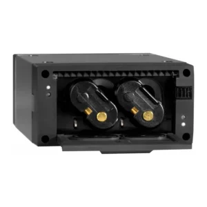 Shure SBC210 2-Bay Battery Charger: The SBC210 with its bays open and two batteries inside.