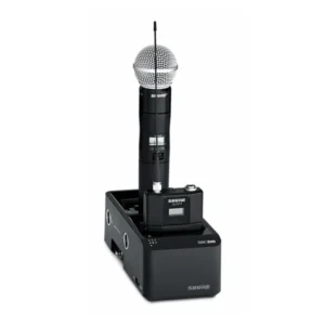 Shure SBC220 2-Bay Networked Docking Charger: The SBC220 with a handheld transmitter docked.