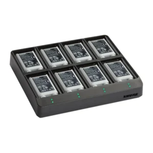 Shure SBC80-903 8-Bay Cradle Charger for SB903 Batteries: The SBC80-903 with eight SB903 batteries in its bays.