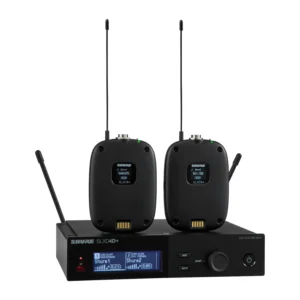 Shure SLXD14D+ Dual Digital Wireless Bodypack System: Two SLXD1+ bodypacks above the SLXD4D+ receiver and its antennas.