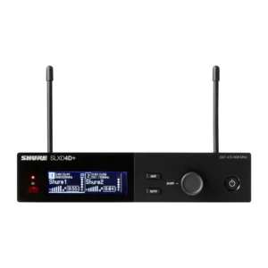 Shure SLXD4D+ Dual-Channel Digital Wireless Receiver (G57): The SLXD4D+ receiver from the front, with its two channel displays.