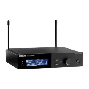 Shure SLXD4D+ Dual-Channel Digital Wireless Receiver (G57): The SLXD4D+ at an angle, with its antennas fitted.