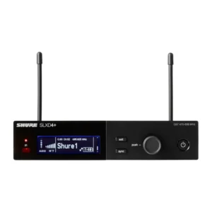 Shure SLXD4+ Single-Channel Digital Wireless Receiver: The SLXD4+ front panel with its display and antennas.
