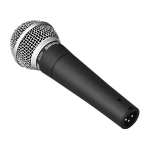 Shure SM58-LC Dynamic Vocal Microphone: The SM58 at an angle, showing its XLR connector.