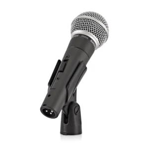 Shure SM58S Dynamic Vocal Microphone with On/Off Switch: The SM58S in its clip, with the on/off switch on the handle.