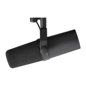 Shure SM7B Cardioid Dynamic Vocal Microphone: The SM7B on its bracket, hanging as on a boom.