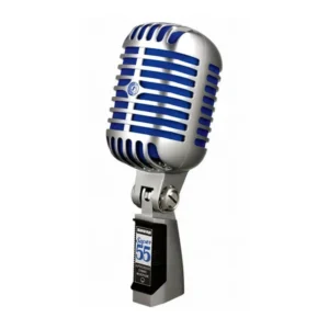 Shure Super 55 Deluxe Vocal Microphone: The Super 55 upright, with its chrome grille and blue foam.