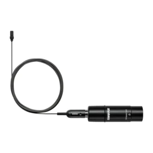 Shure UniPlex UL4 Cardioid Lavalier Microphone with XLR Preamp: The black UL4 lavalier with its cable coiled and the RPM400TQG preamplifier.
