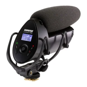 Shure VP83F LensHopper Camera-Mount Microphone with Flash Recording: The VP83F from the front at an angle, showing its LCD, joystick, and shock mount.